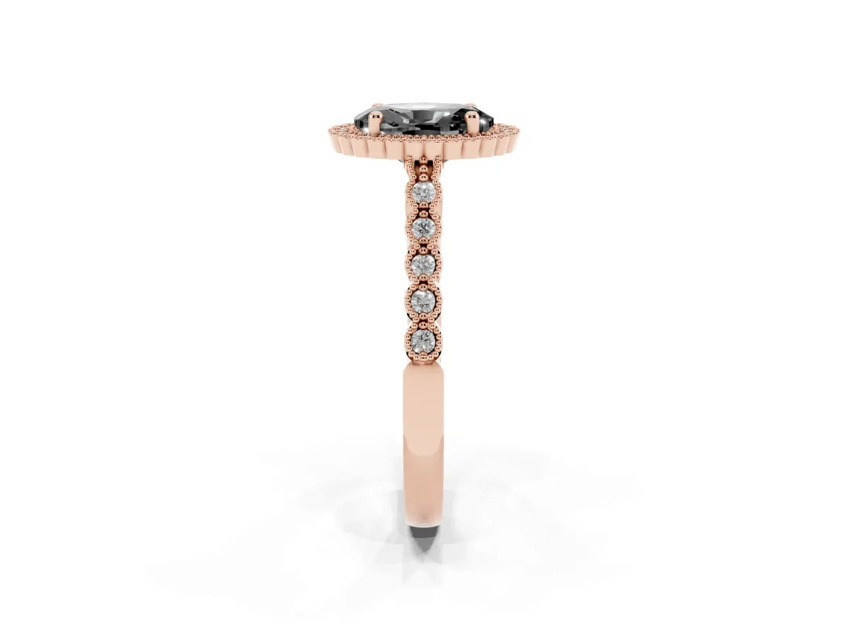 Fancy Black Oval Cut Cut Halo Pavé Solitaire Ring with Milgrain Band Rose gold