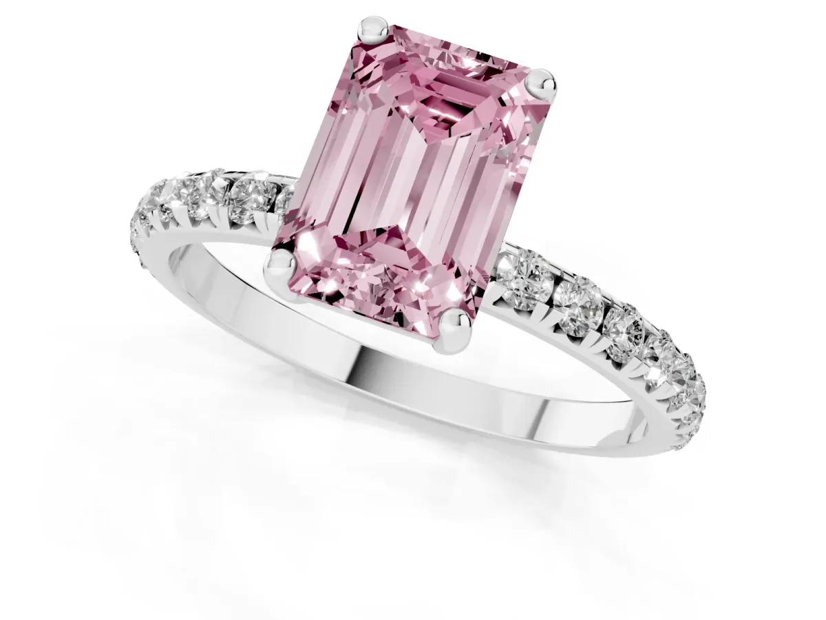 Fancy Pink Emerald Cut Cut Diamond Solitaire Ring with Micro Pave Band and Four Prong Setting Silver