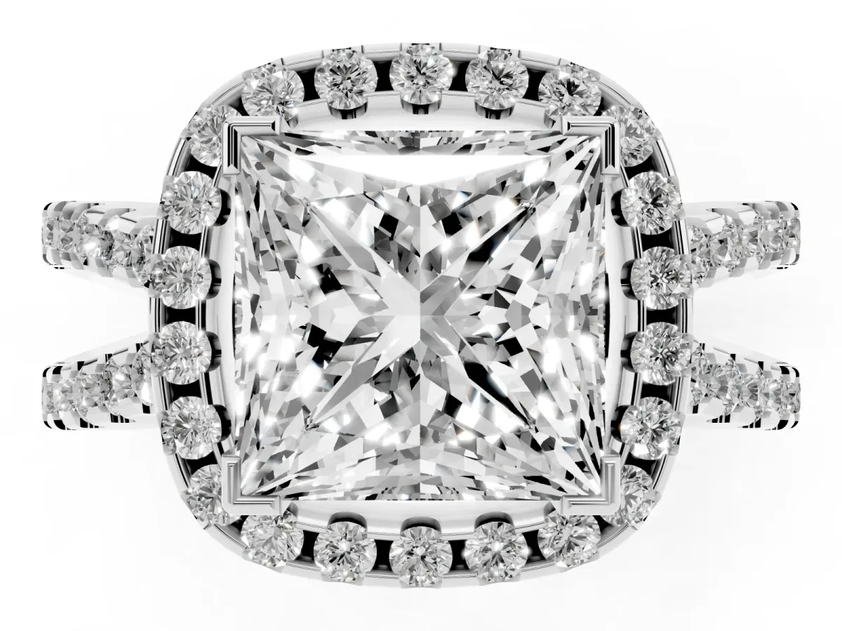 Princess Cut Diamond Halo Ring with Split Shank Pavé Band and Prong Setting Silver