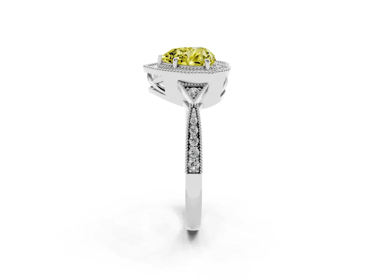 Fancy Yellow Heart Cut Halo Round Diamond Milgrain Pave Engagement Ring Platinum