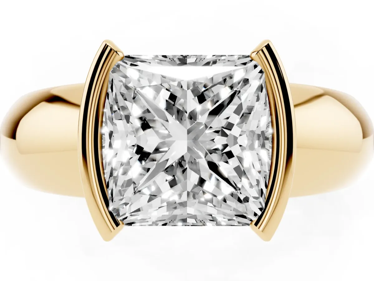 Princess Cut Solitaire Tension Set Diamond Ring with Wide Band Yellow gold