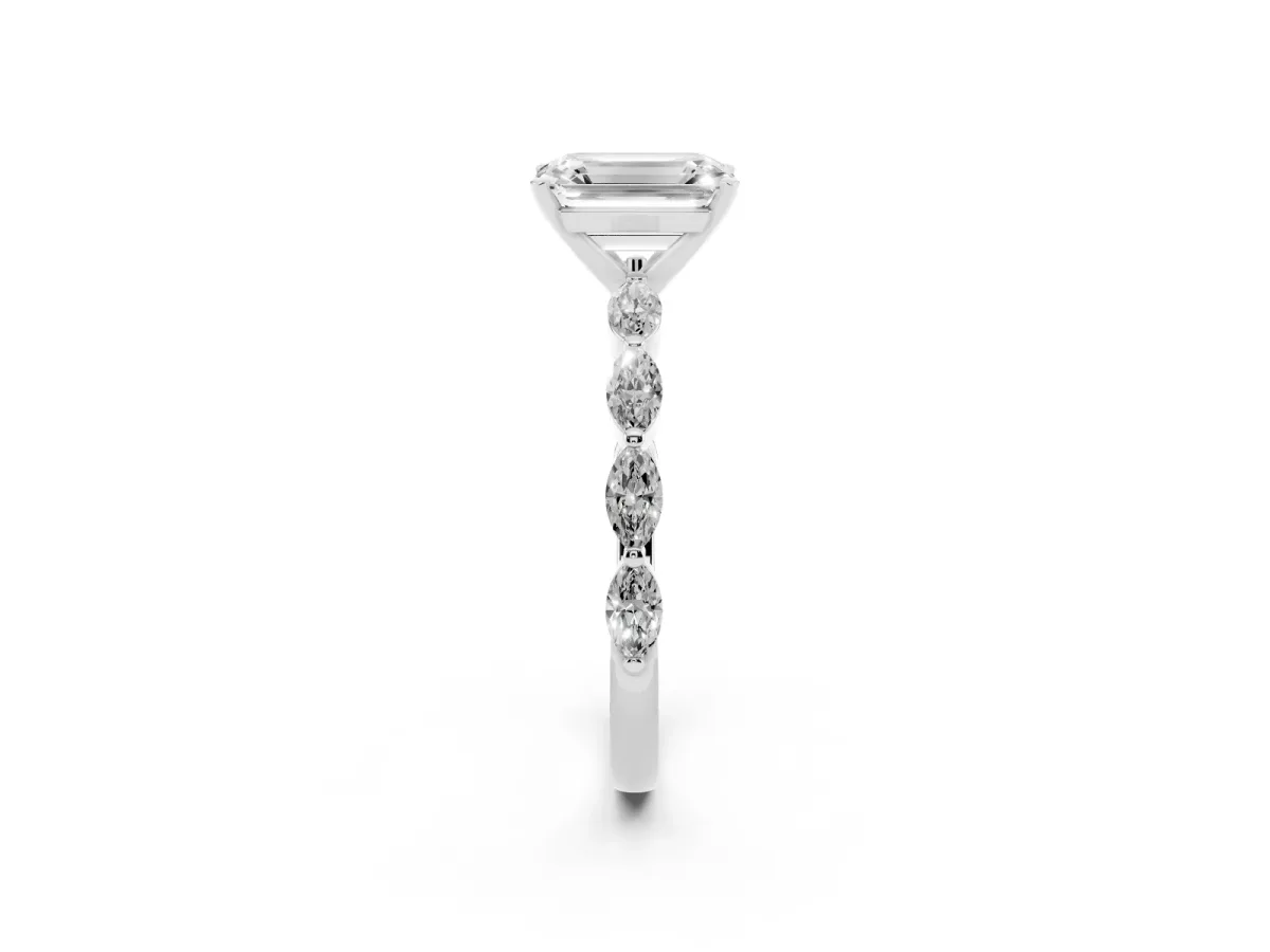 Emerald Cut Diamond Ring with Marquise Side Stones and Prong Setting Platinum