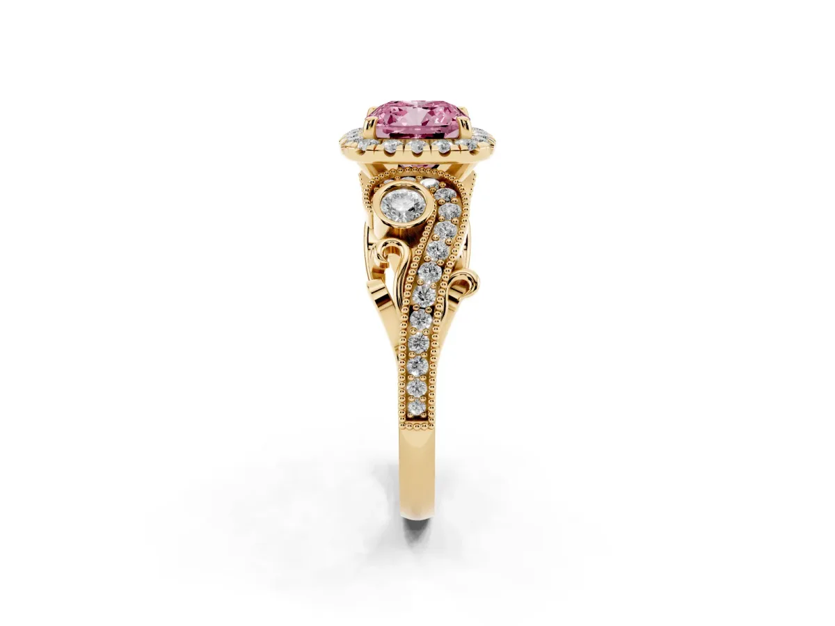 Fancy Pink Cushion Cut Halo Diamond Ring with Milgrain and Bezel Accents on a Split Shank Band Yellow gold