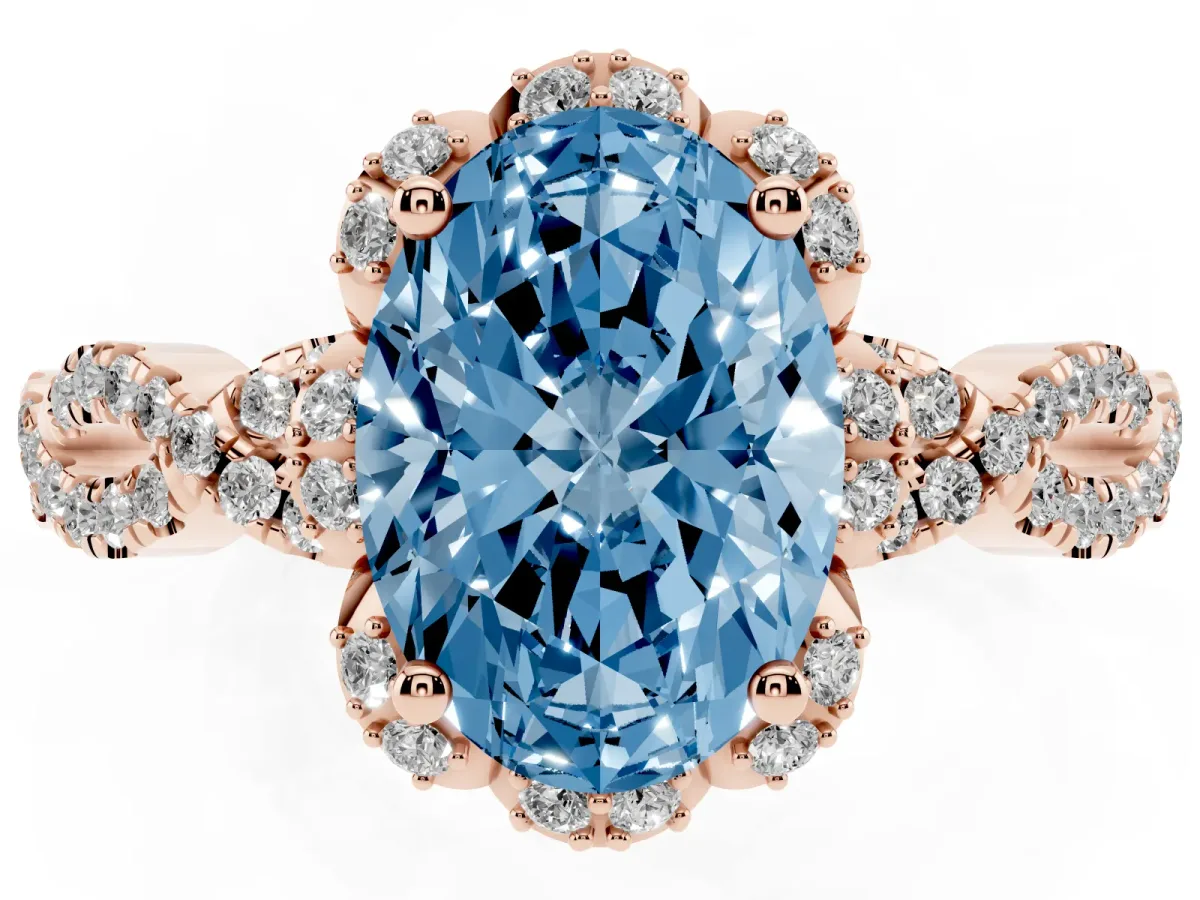 Fancy Blue Oval Cut Halo Twist Band Solitaire Ring with Six-Prong Setting Rose gold