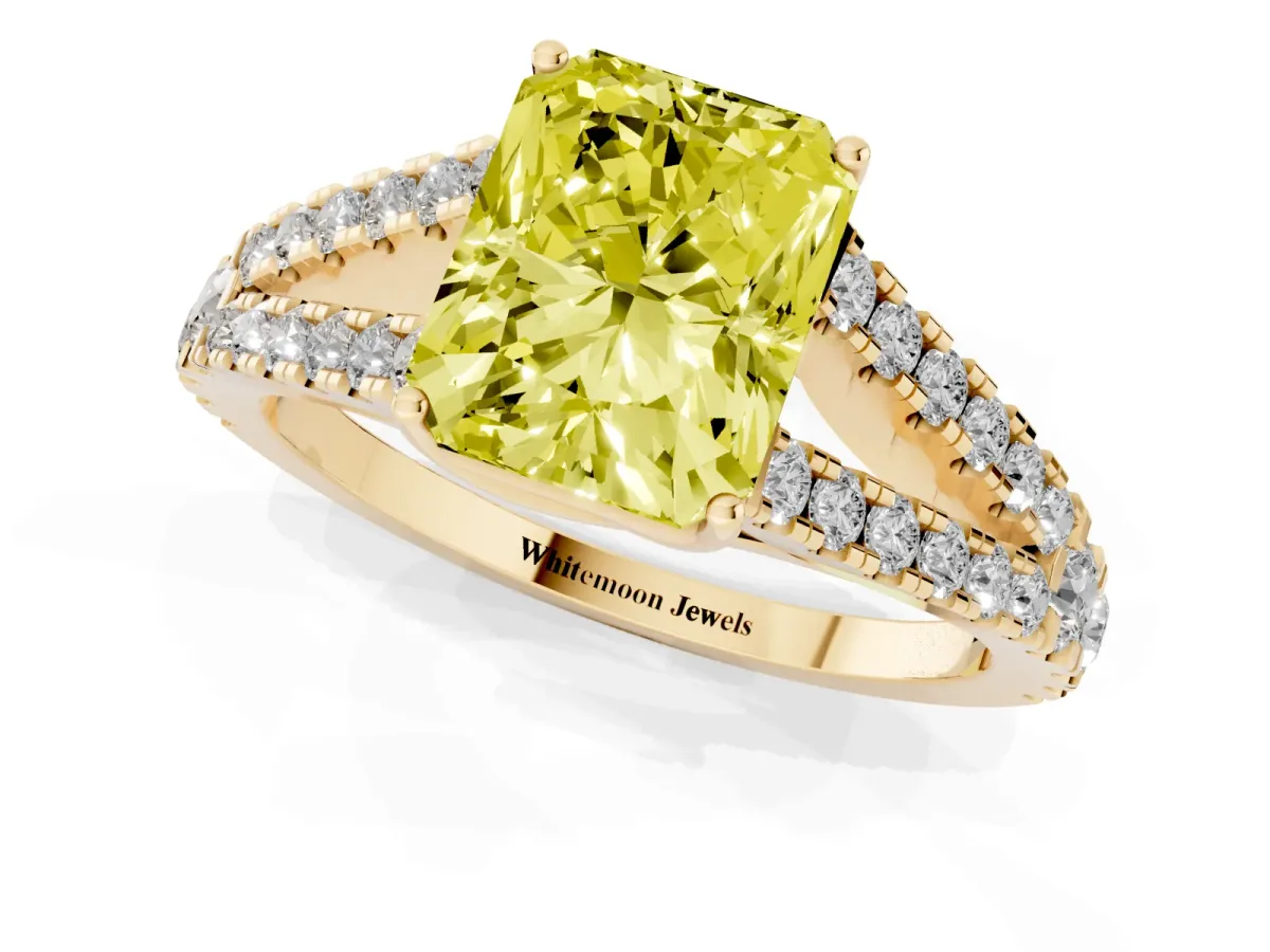 Fancy Yellow Radiant Cut Diamond Split Shank Engagement Ring with Round Pavé and Prong Setting Yellow gold