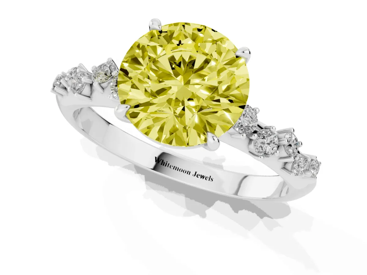 Fancy Yellow Round Cut Diamond Cluster Side Stone Solitaire Ring with Prong Setting Silver