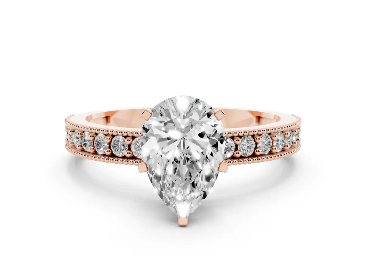 Pear Cut Diamond Milgrain Pavé Engagement Ring with Four-Prong Setting Rose gold