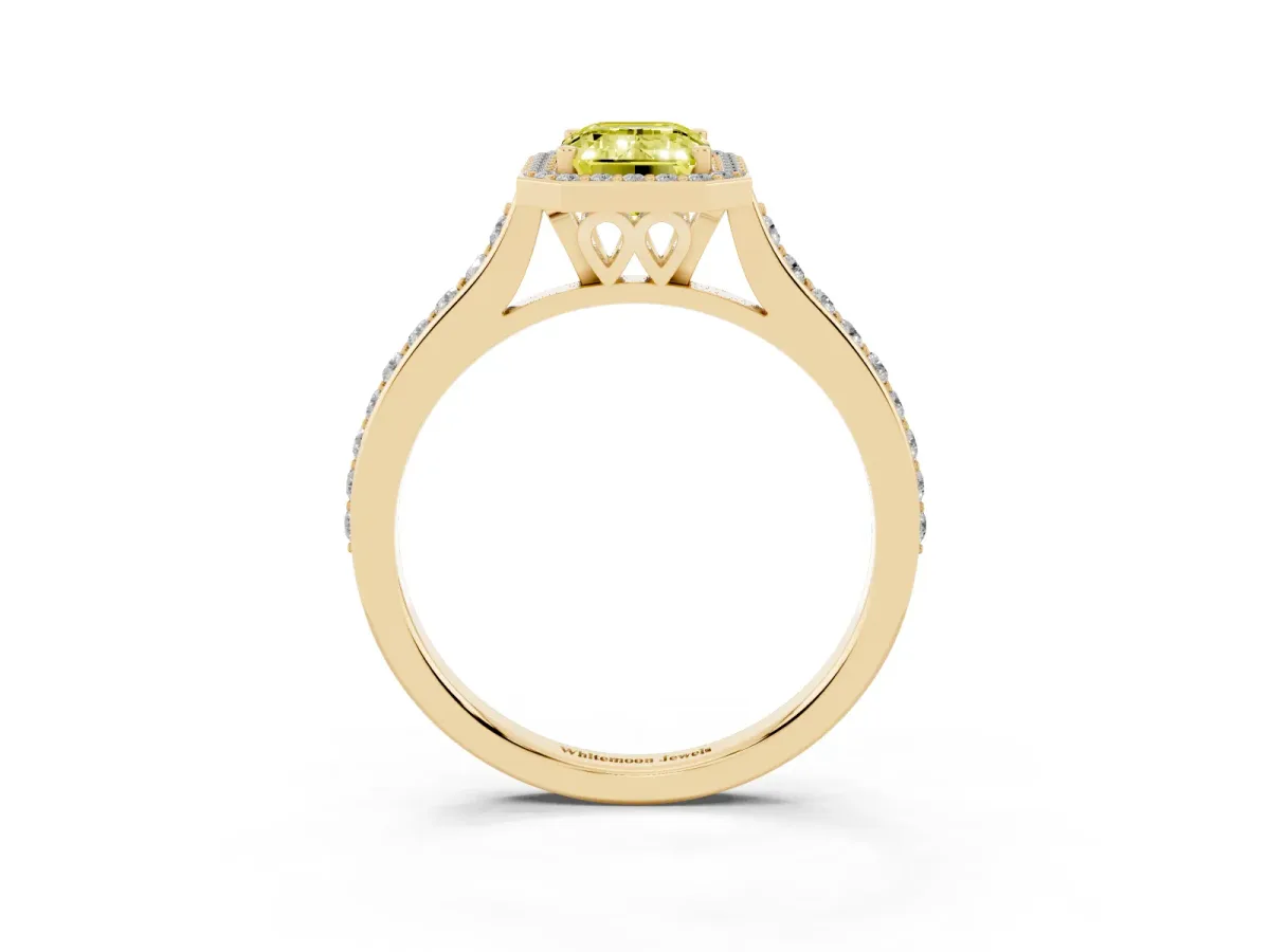 Fancy Yellow Emerald Cut Diamond Halo Engagement Ring with Round Pavé Shoulders and Prong Setting Yellow gold