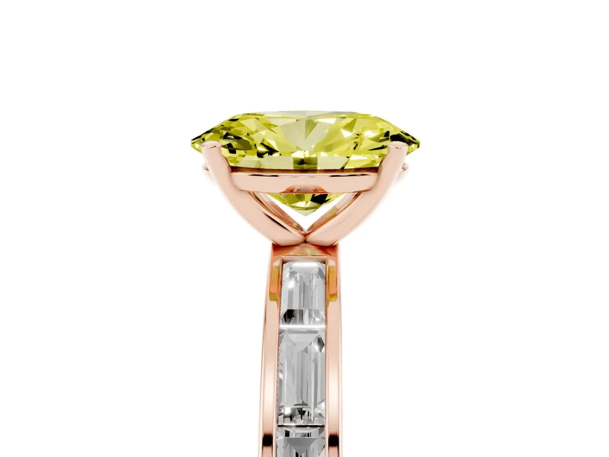 Fancy Yellow Oval Cut Solitaire Diamond Ring with Channel-Set Baguette Band and Four-Prong Setting Rose gold