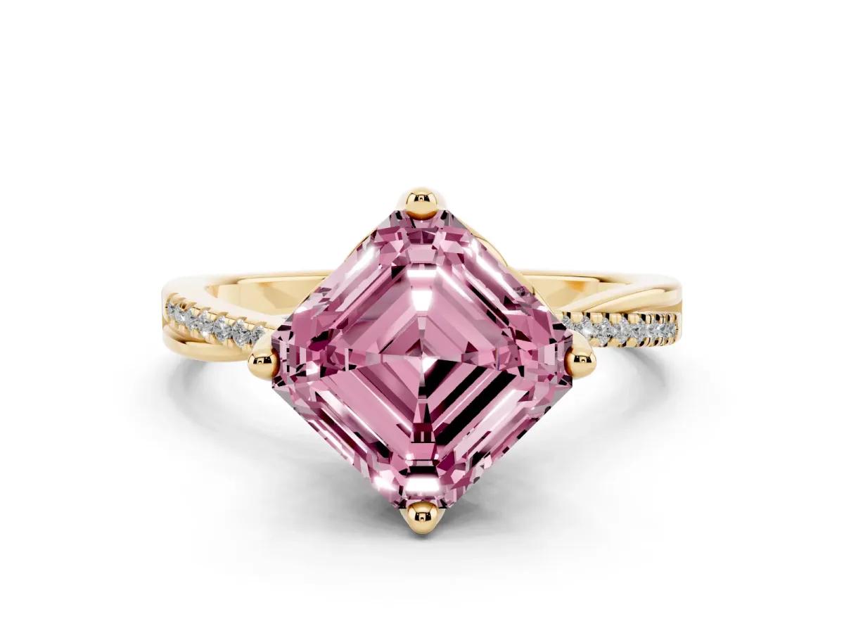 Fancy Pink Asscher Cut Solitaire Twist Band with Pavé Diamonds and Four-Prong Setting Yellow gold