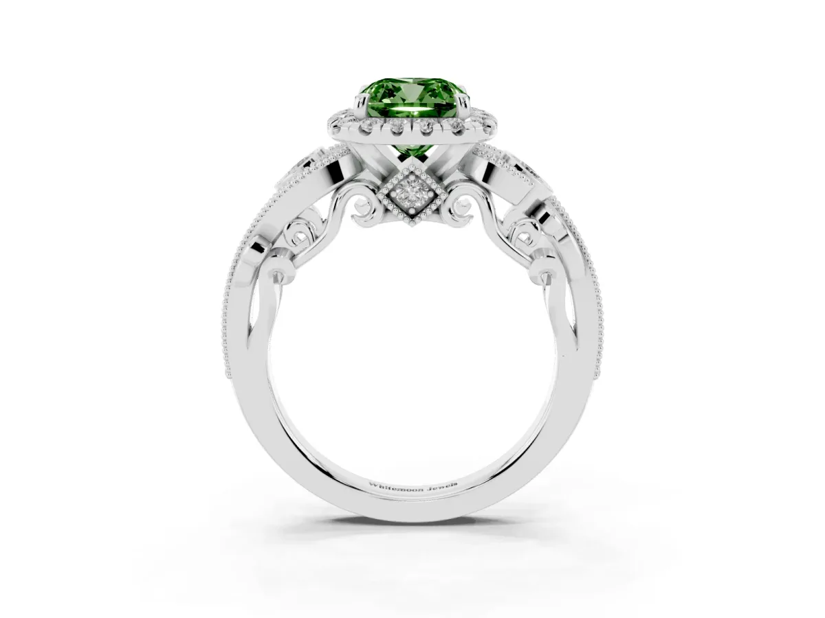 Fancy Green Cushion Cut Halo Diamond Ring with Milgrain and Bezel Accents on a Split Shank Band White gold