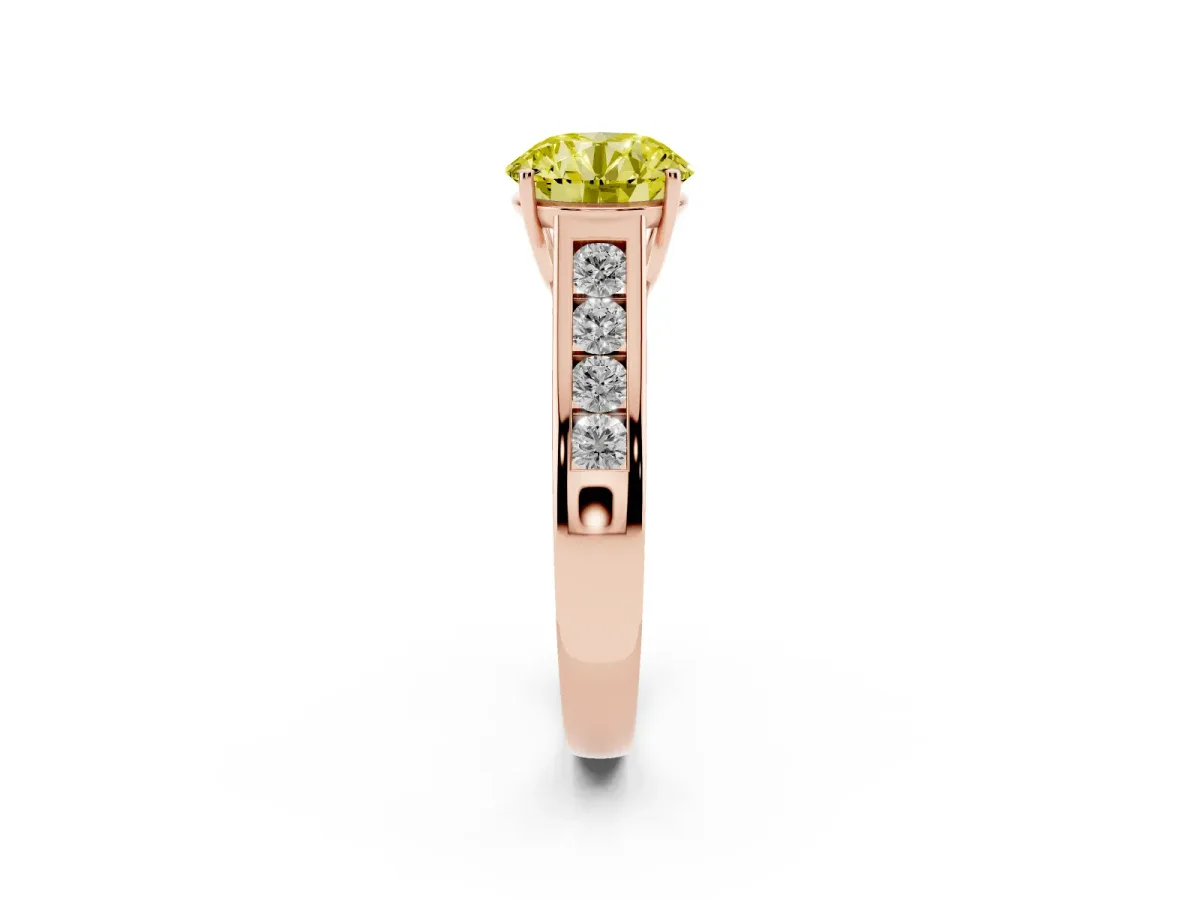 Fancy Yellow Round Cut Solitaire Channel-Set Diamond Engagement Ring with Four-Prong Setting Rose gold