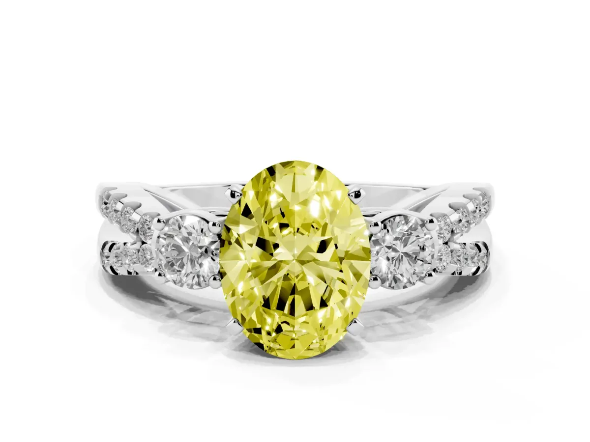 Fancy Yellow Oval Cut Diamond Three-Stone Ring with Pavé Split Shank and Four-Prong Setting Silver