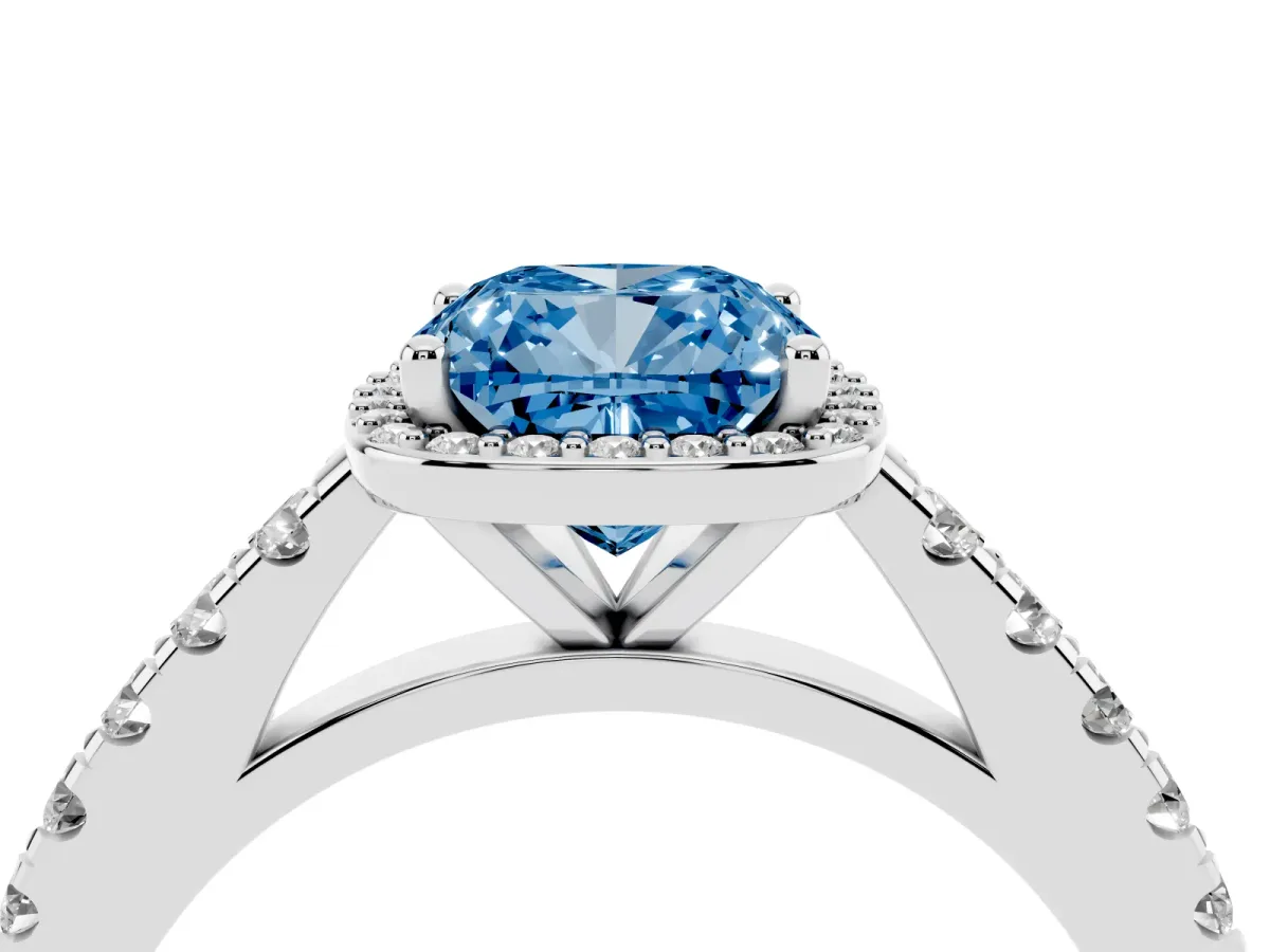 Fancy Blue Cushion Cut Cut Halo Diamond Engagement Ring with Pave Band and Four-Prong Setting Silver