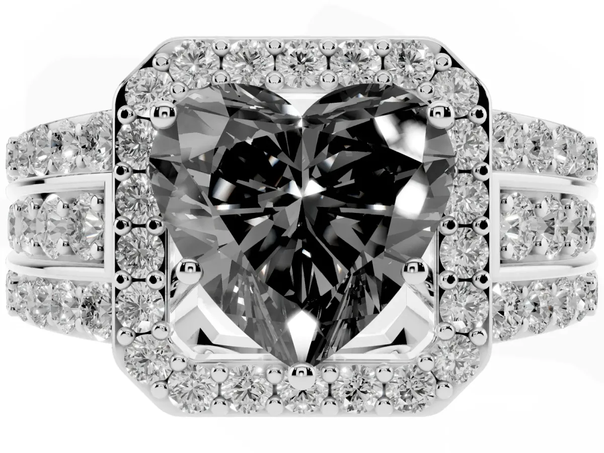Fancy Black Heart Cut Halo Diamond Ring with Round Split Shank and Prong Setting Silver