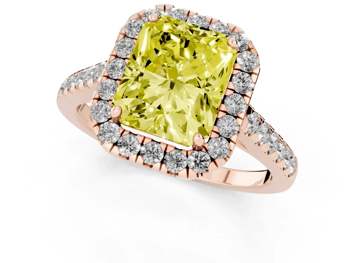 Fancy Yellow Radiant Cut Halo Pave Diamond Engagement Ring with Four-Prong Setting Rose gold