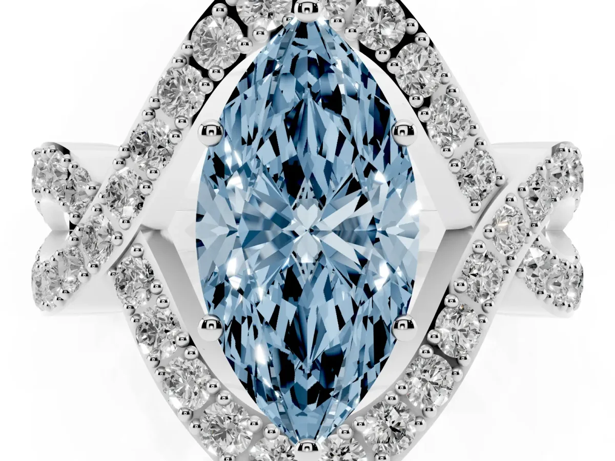 Fancy Blue Marquise Cut Solitaire Twist Band Pavé Diamond Engagement Ring White gold