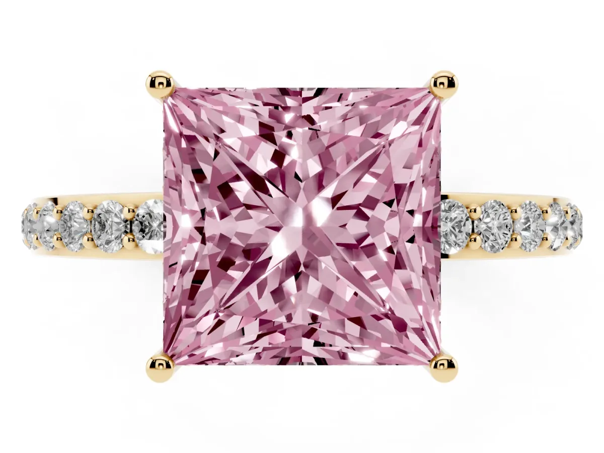 Fancy Pink Princess Cut Diamond Solitaire Ring with Pavé Band and Hidden Halo Yellow gold