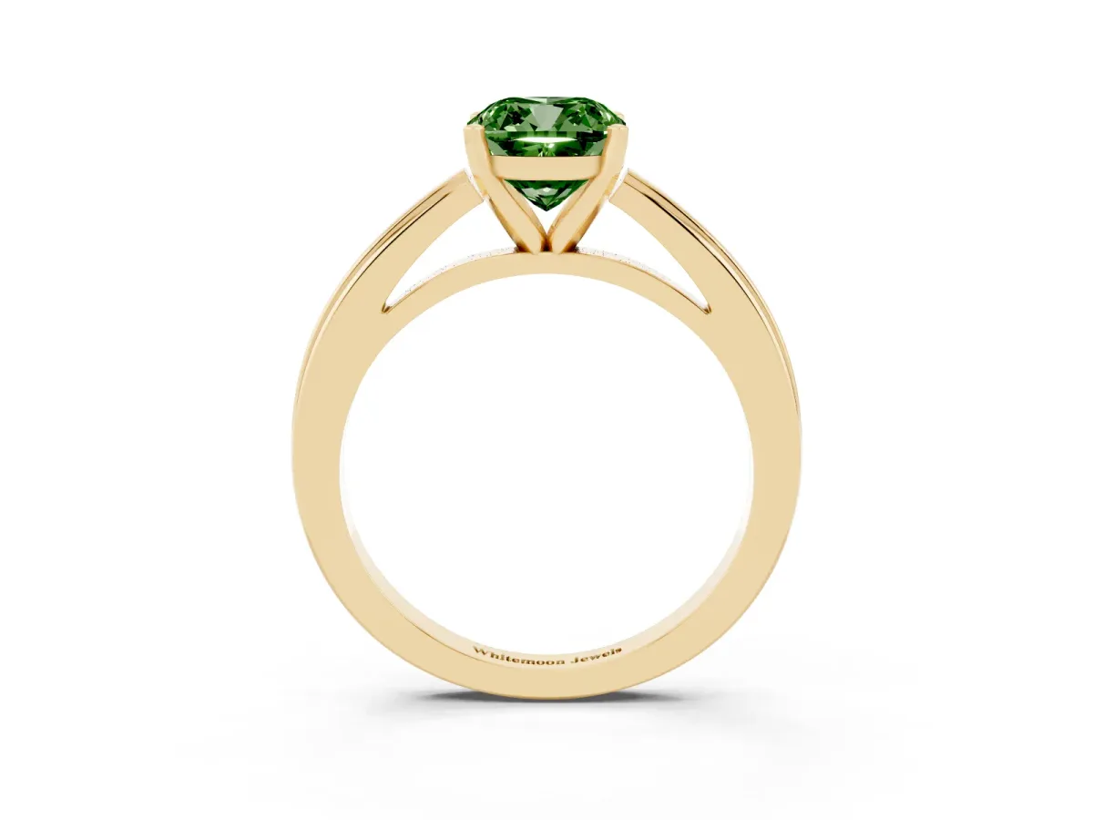 Fancy Green Cushion Cut Solitaire Diamond Ring with Four-Prong Setting and Classic Band Yellow gold
