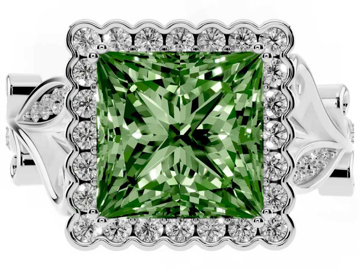 Fancy Green Princess Cut Diamond Halo Ring with Vintage Split Shank and Four-Prong Setting Platinum