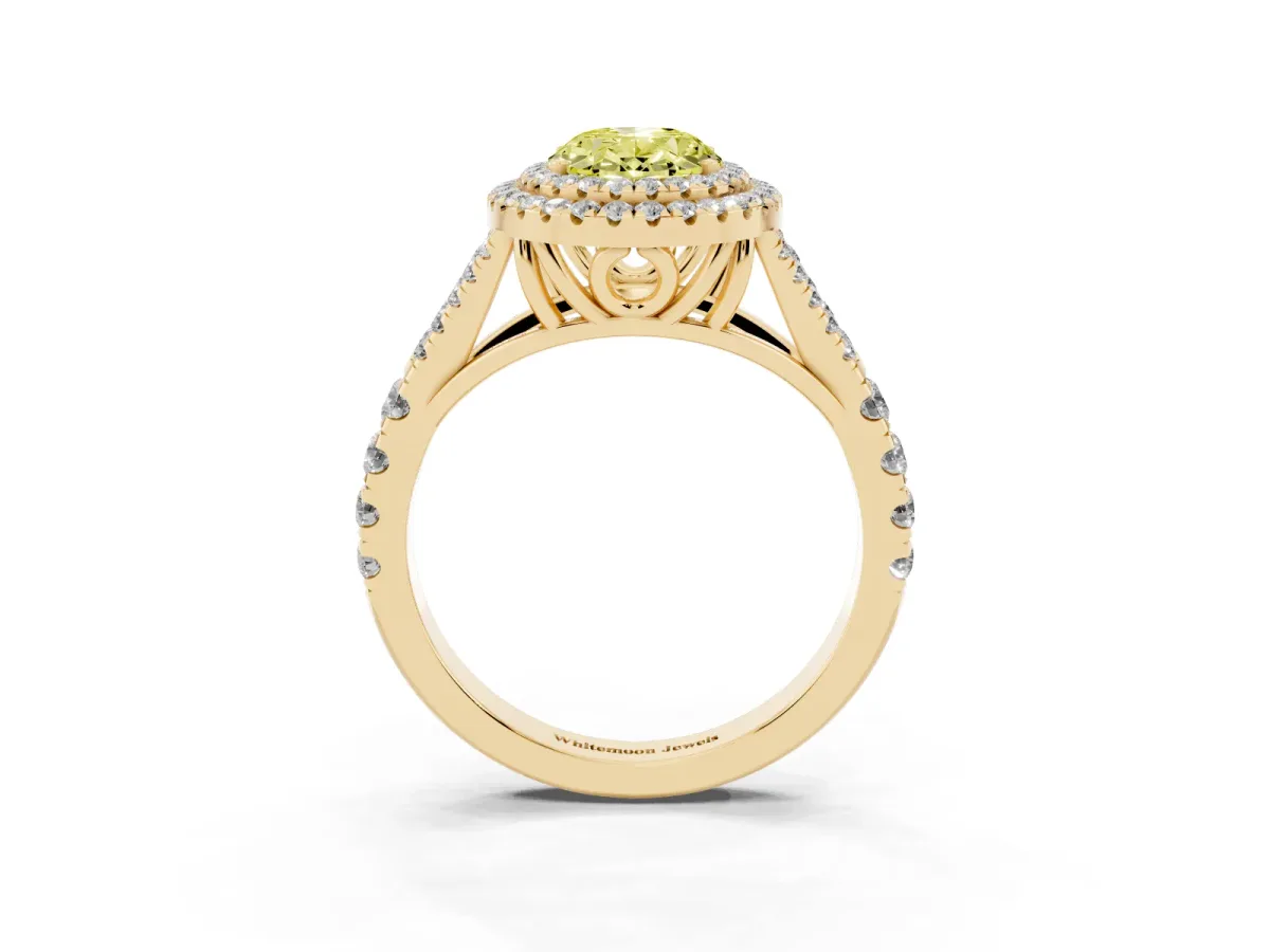 Fancy Yellow Oval Cut Diamond Pavé Split Shank Double Halo Engagement Ring Yellow gold