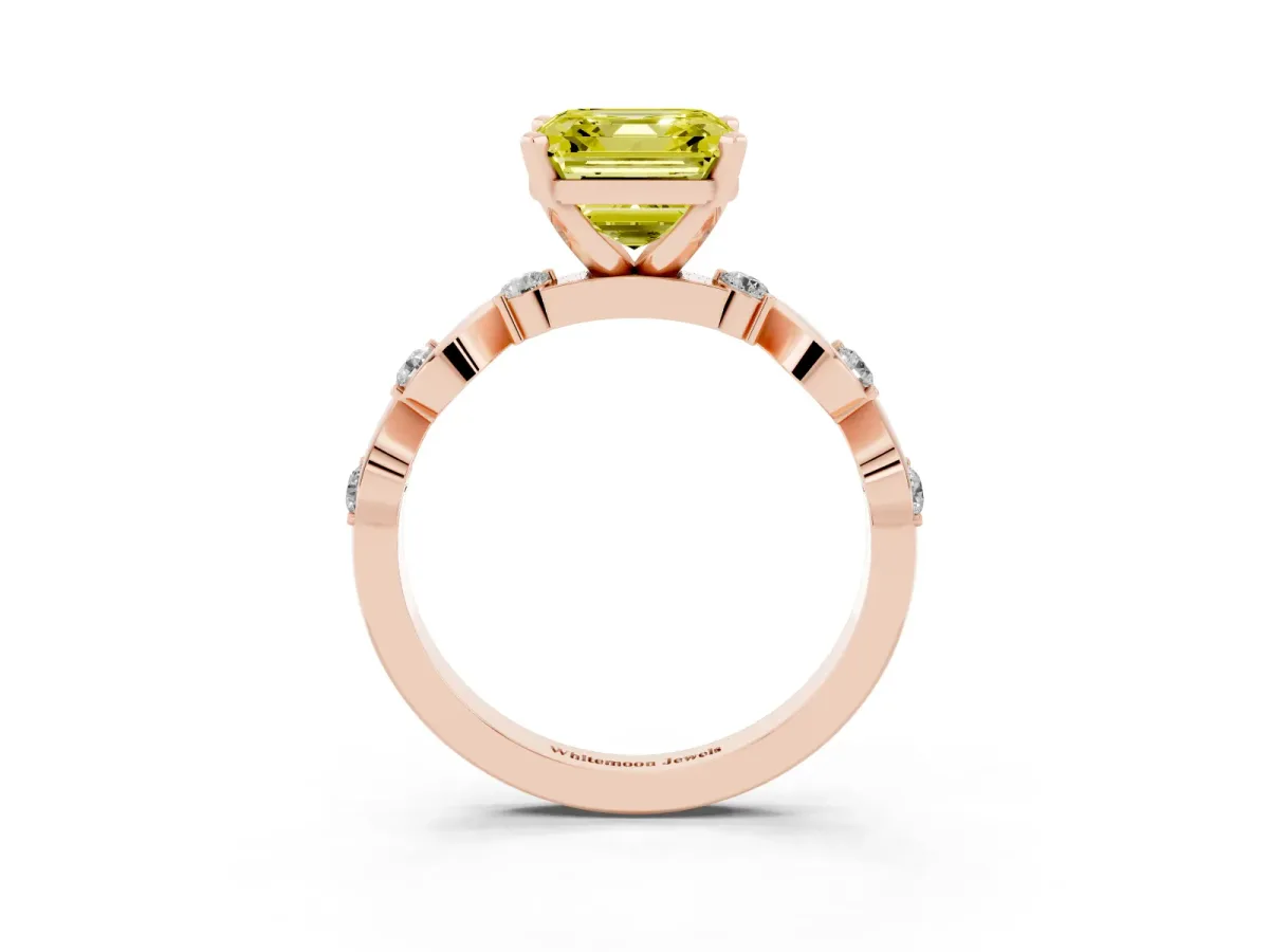 Fancy Yellow Asscher Cut Diamond Solitaire Twisted Band with Round Accents and Prong Setting Rose gold