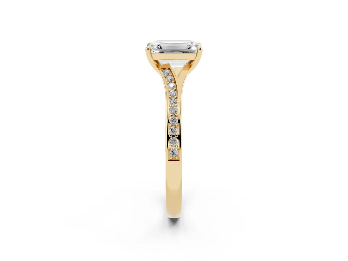 Emerald Cut Diamond Solitaire Ring with Pavé Band and Prong Setting Yellow gold