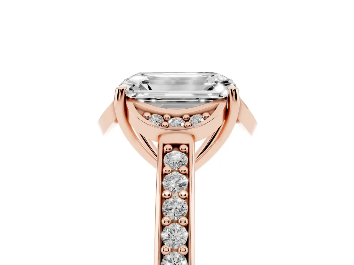 Emerald Cut Cut Halo Diamond Ring with Channel Set Band and Four-Prong Setting Rose gold