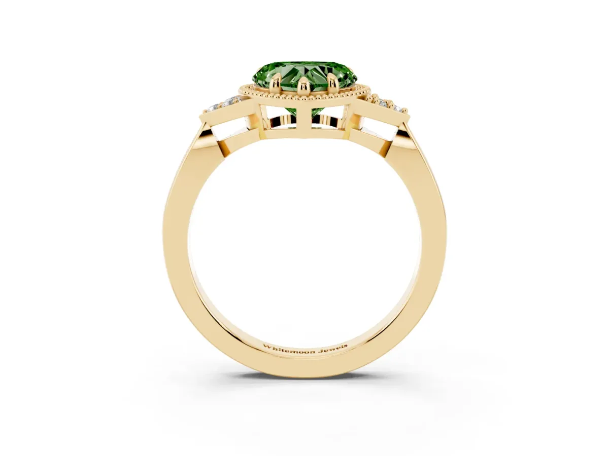 Fancy Green Milgrain Heart Cut Cut Diamond Ring with Tapered Pave Band and Four Prong Setting Yellow gold