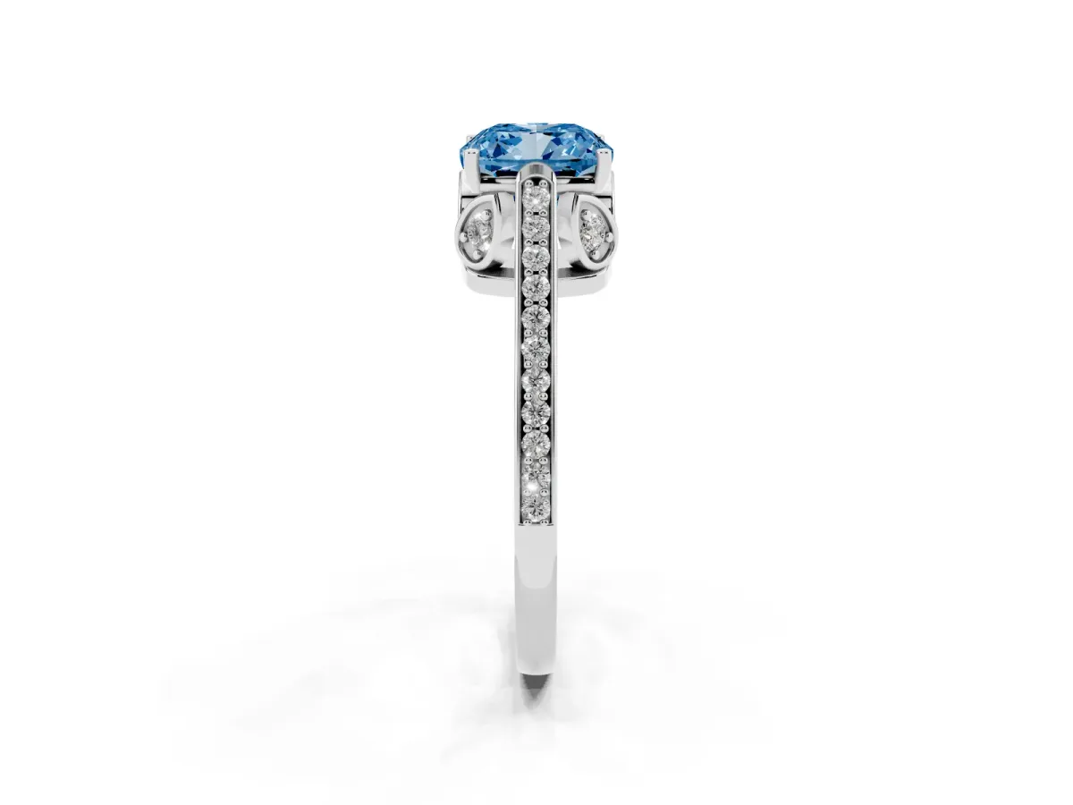 Fancy Blue Cushion Cut Cut Cathedral Pave Diamond Engagement Ring with Six-Prong Setting Silver