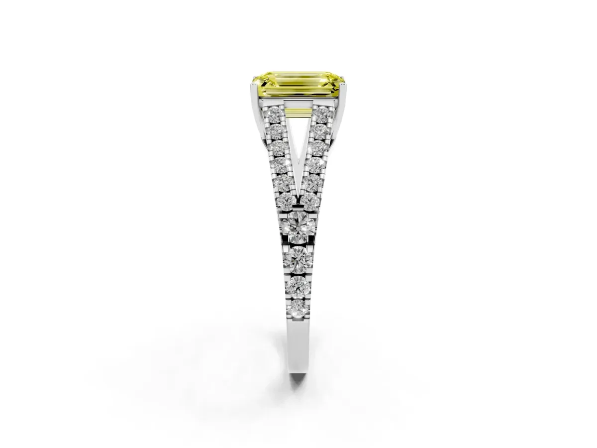 Fancy Yellow Emerald Cut Diamond Split Shank Engagement Ring with Round Pavé and Prong Setting Platinum