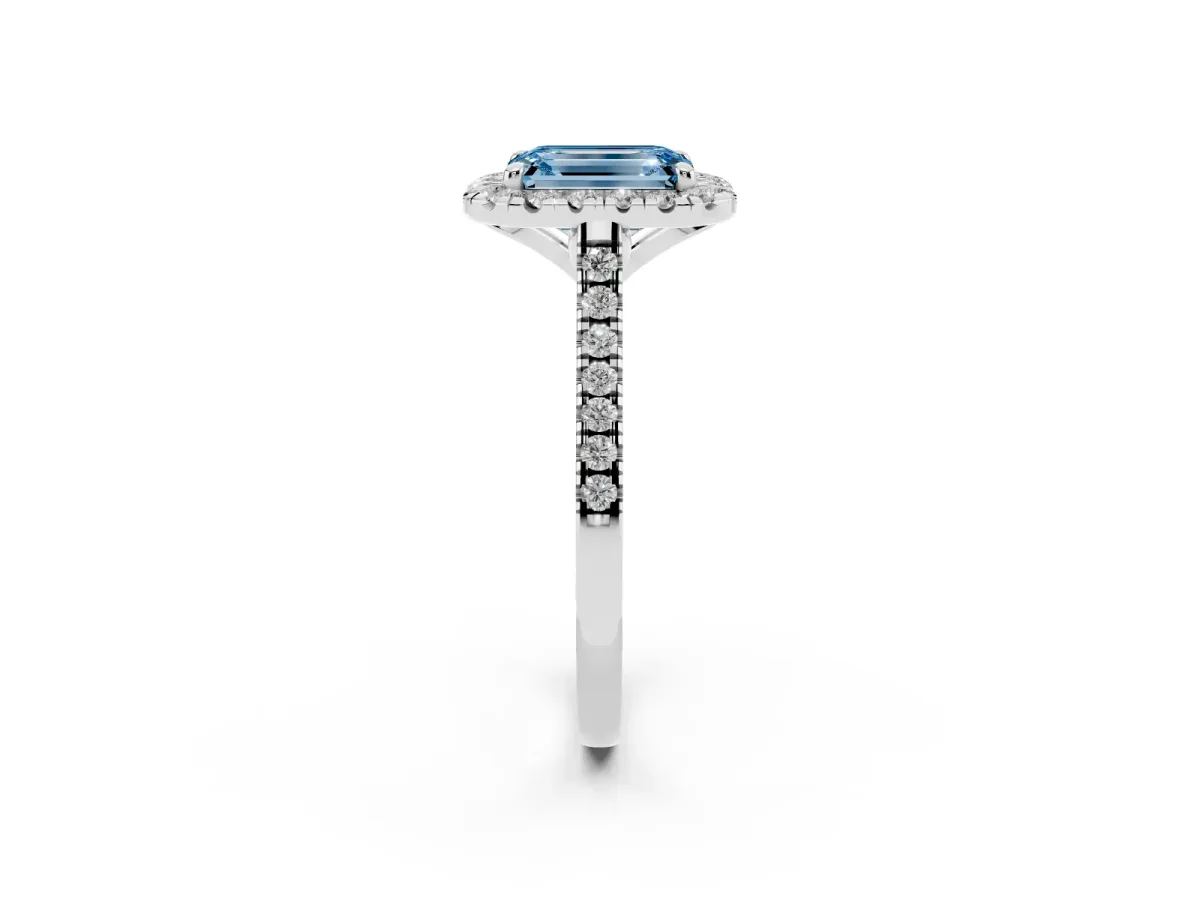 Fancy Blue Emerald Cut Diamond Cushion Halo Ring with Pavé Band Silver