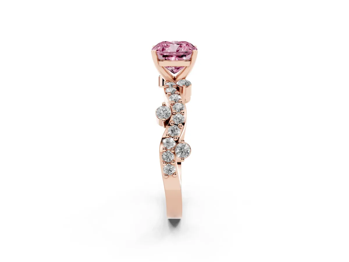 Fancy Pink Cushion Cut Cut Solitaire Diamond Twisted Band with Pave Setting Rose gold