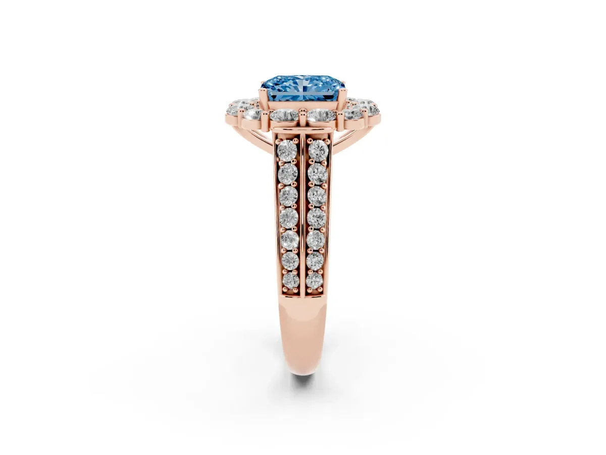 Fancy Blue Radiant Cut Halo Diamond Engagement Ring with Split Shank and Prong Setting Rose gold