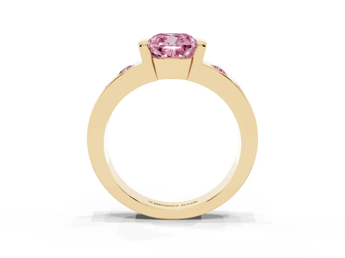 Fancy Pink Cushion Cut Brilliant Channel-Set Diamond Ring with Bezel Prong Setting Yellow gold