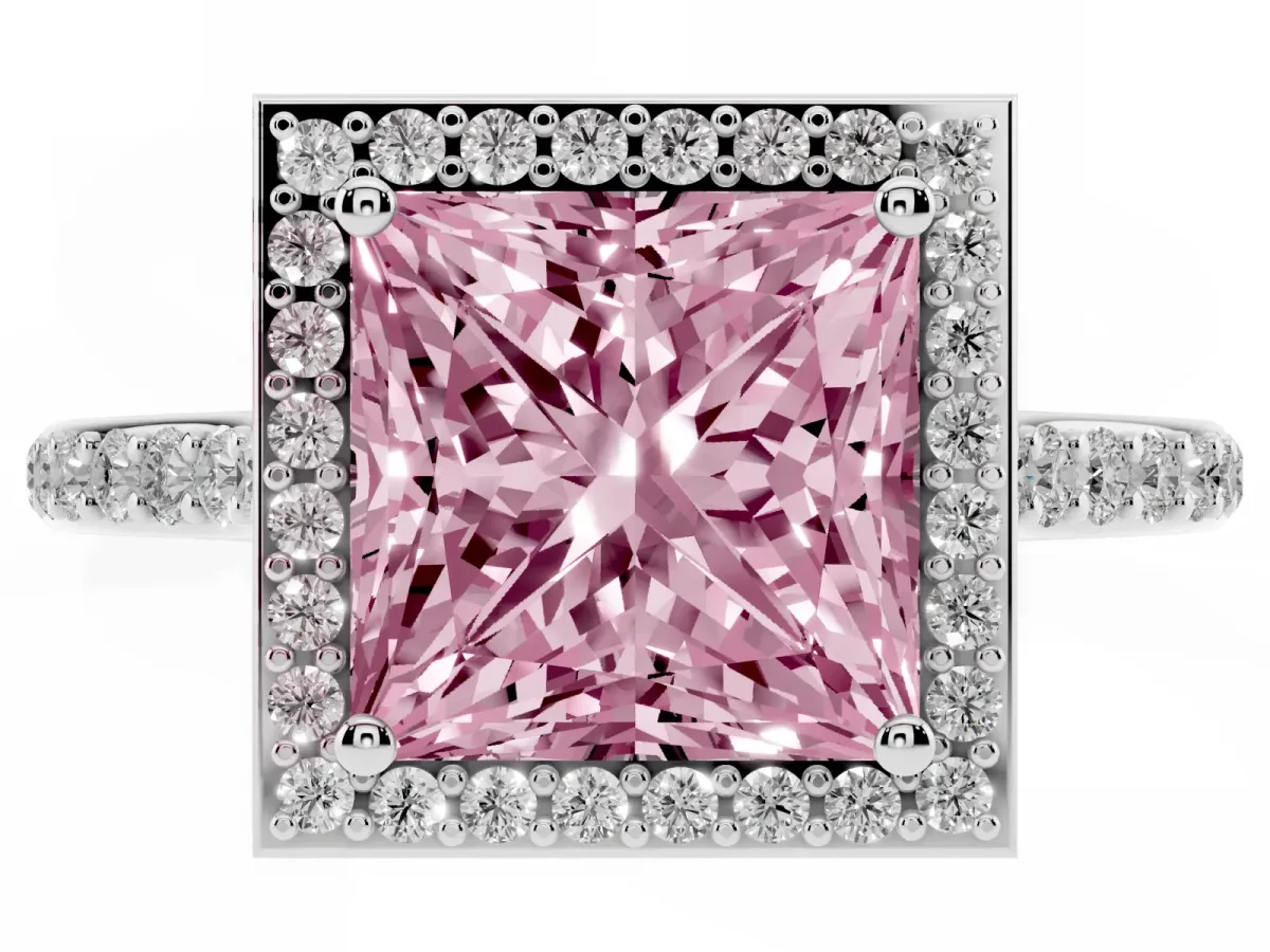 Fancy Pink Princess Cut Diamond Halo Engagement Ring with Round Pavé Shoulders and Prong Setting Silver