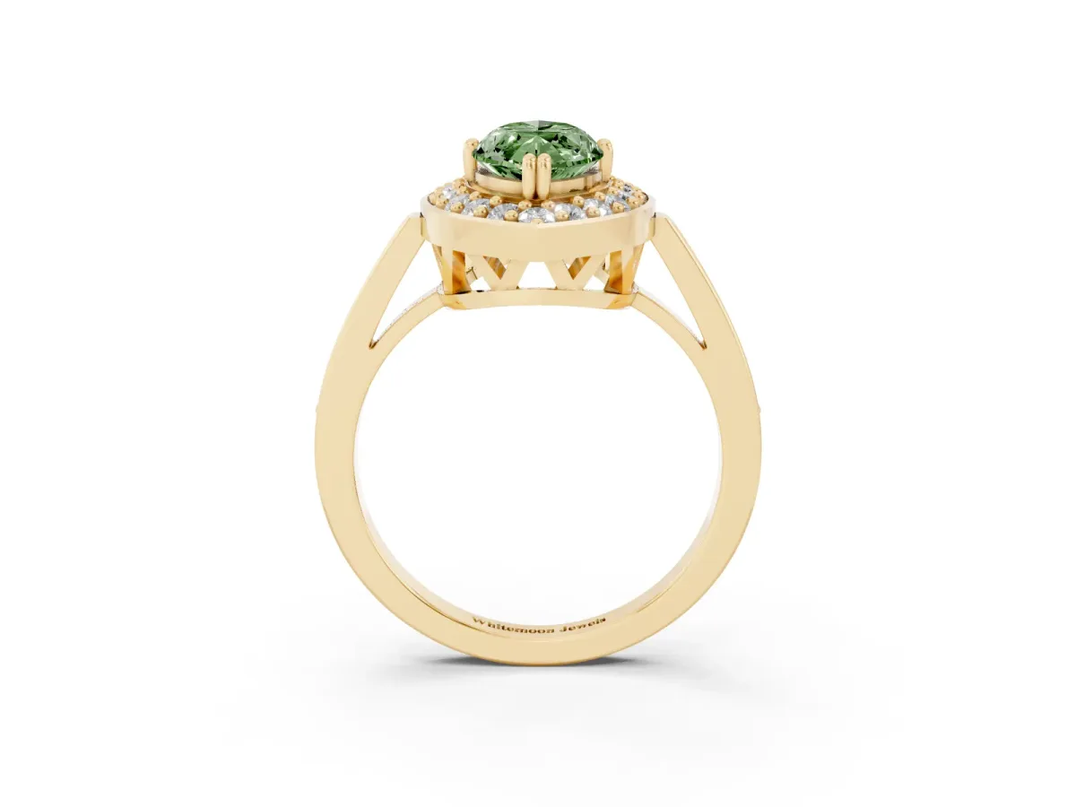 Fancy Green Marquise Cut Diamond Halo Ring with Split Shank and Four-Prong Setting Yellow gold
