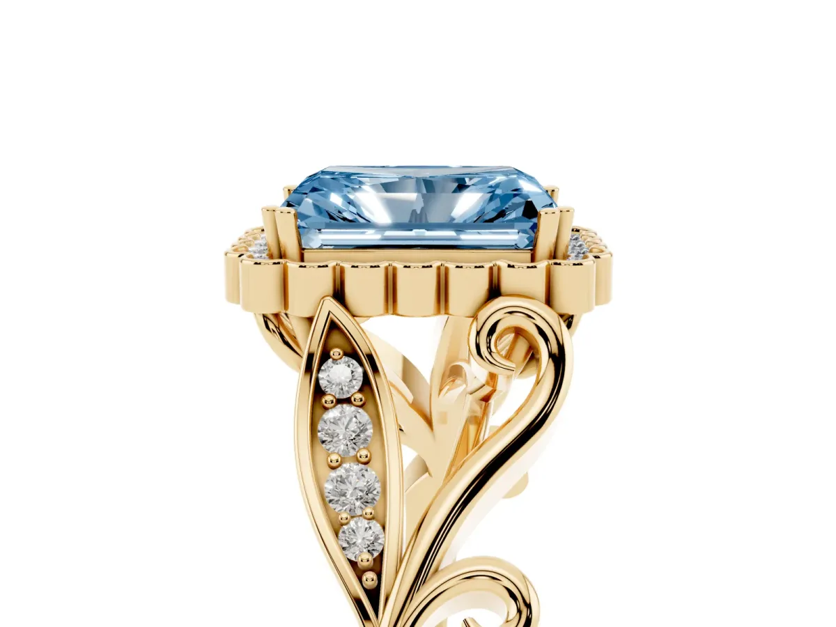 Fancy Blue Radiant Cut Diamond Halo Ring with Vintage Split Shank and Four-Prong Setting Yellow gold
