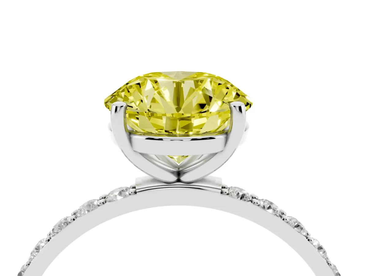 Fancy Yellow Round Cut Diamond Solitaire Ring with Round Pavé Shoulders and Prong Setting Silver