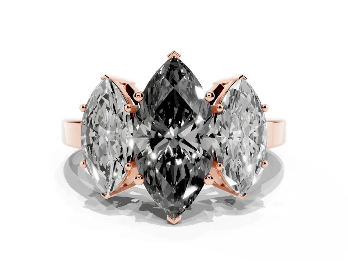 Fancy Black Three-Stone Marquise Cut Cut Diamond Engagement Ring with Flat Band and Four-Prong Setting Rose gold