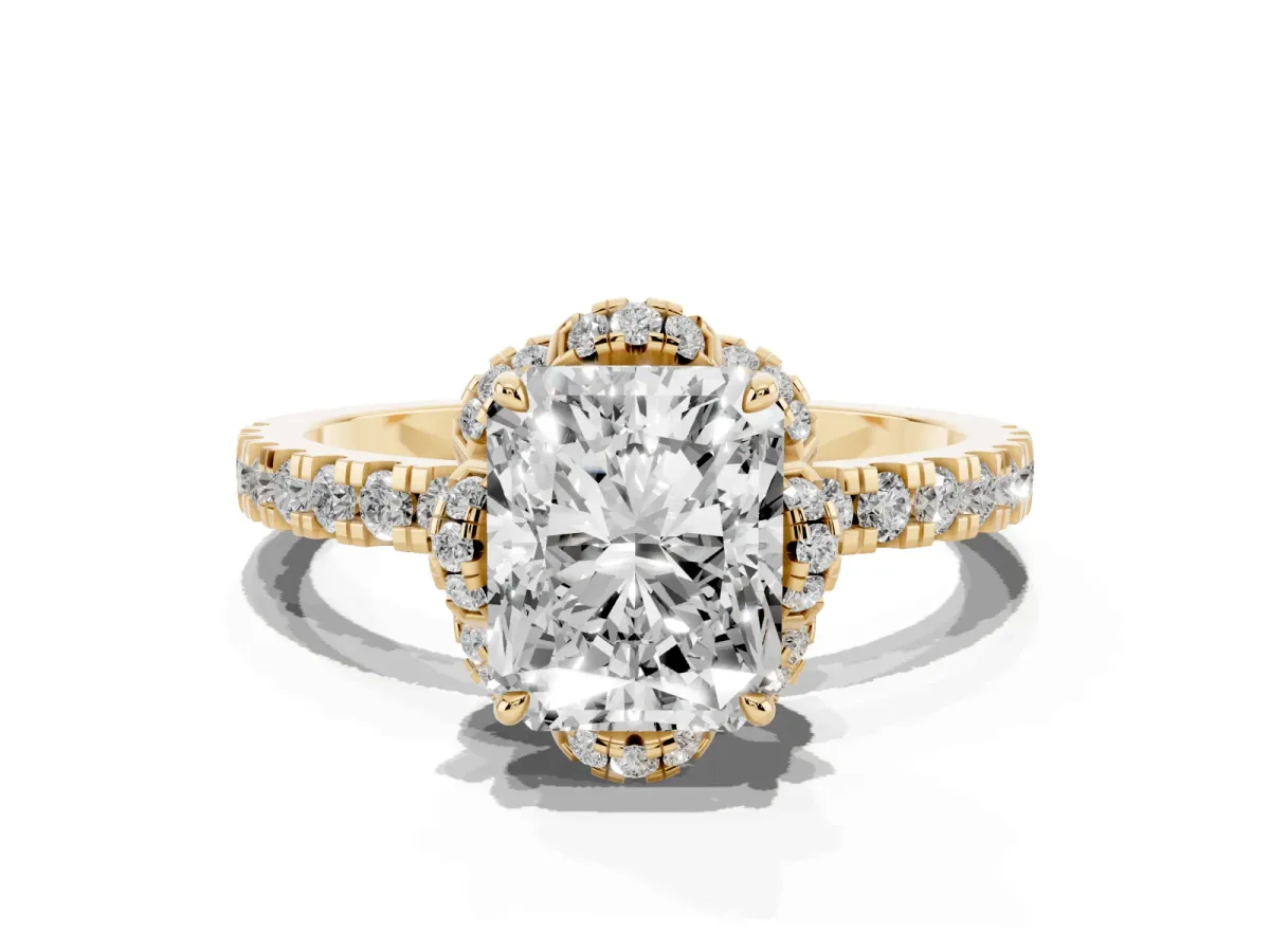 Radiant Cut Diamond Halo Pave Band with Four-Prong Setting Yellow gold