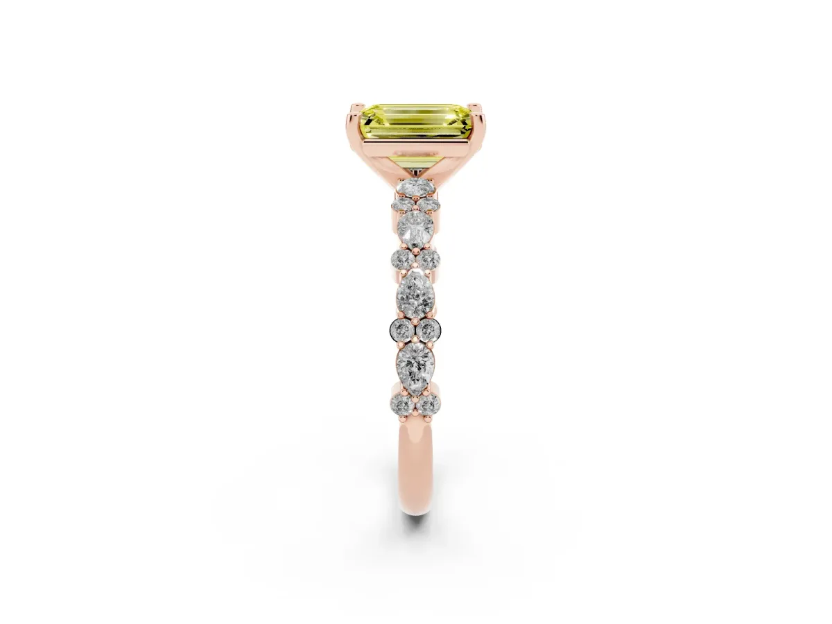 Fancy Yellow Emerald Cut Diamond Side Stone Solitaire Ring with Round and Four-Prong Setting Rose gold