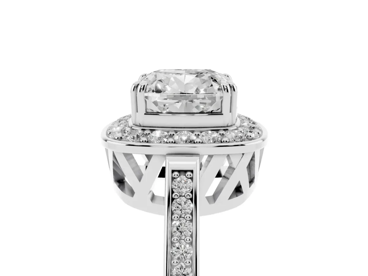 Cushion Cut Diamond Halo Ring with Split Shank and Four-Prong Setting Platinum