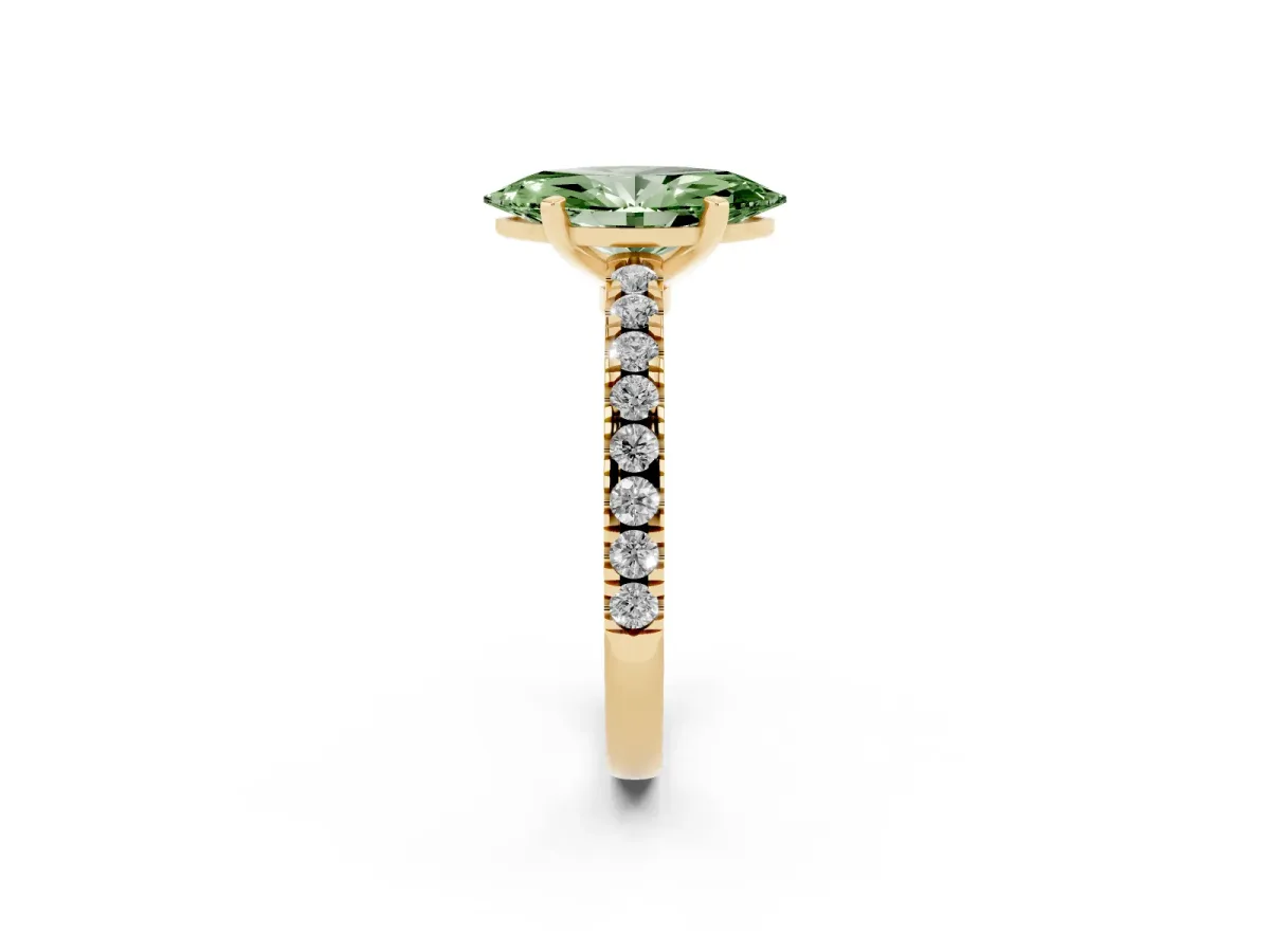 Fancy Green Marquise Cut Solitaire Diamond with Pavé Band and Four-Prong Setting Yellow gold