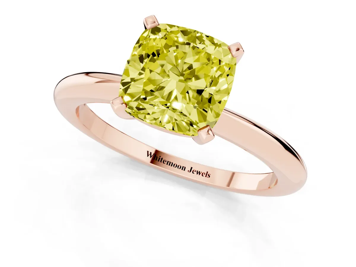 Fancy Yellow Cushion Cut Diamond Solitaire Ring with Prong Setting and Classic Band Rose gold