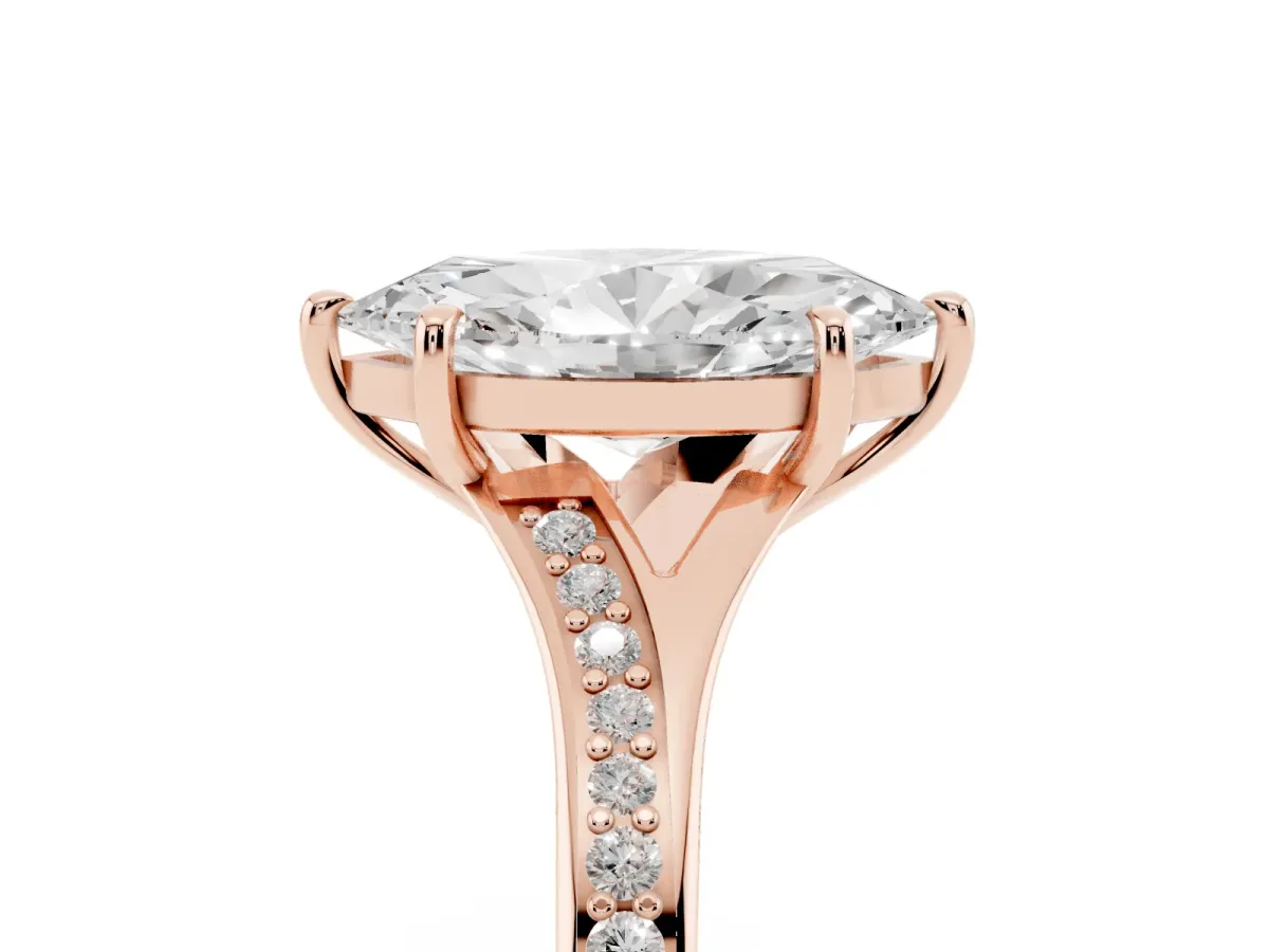 Marquise Cut Diamond Solitaire Ring with Pavé Band and Prong Setting Rose gold