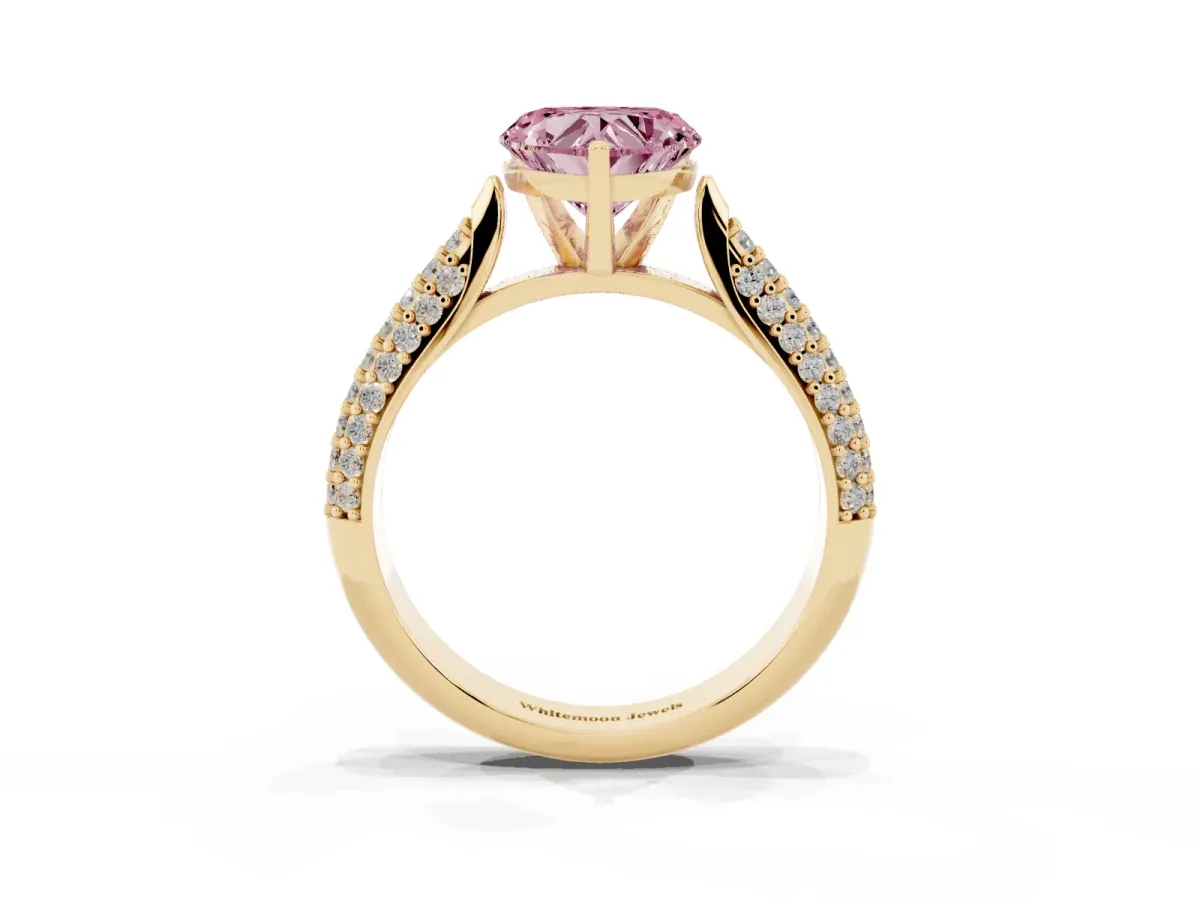 Fancy Pink Heart Cut Diamond Solitaire Engagement Ring with Multi-Row Round Pavé Band and Prong Setting Yellow gold