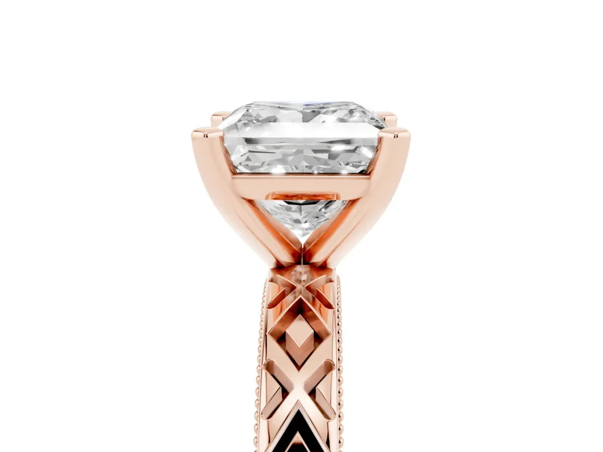 Princess Cut Solitaire Diamond Ring with Milgrain and Black Enamel X Pattern Band Rose gold