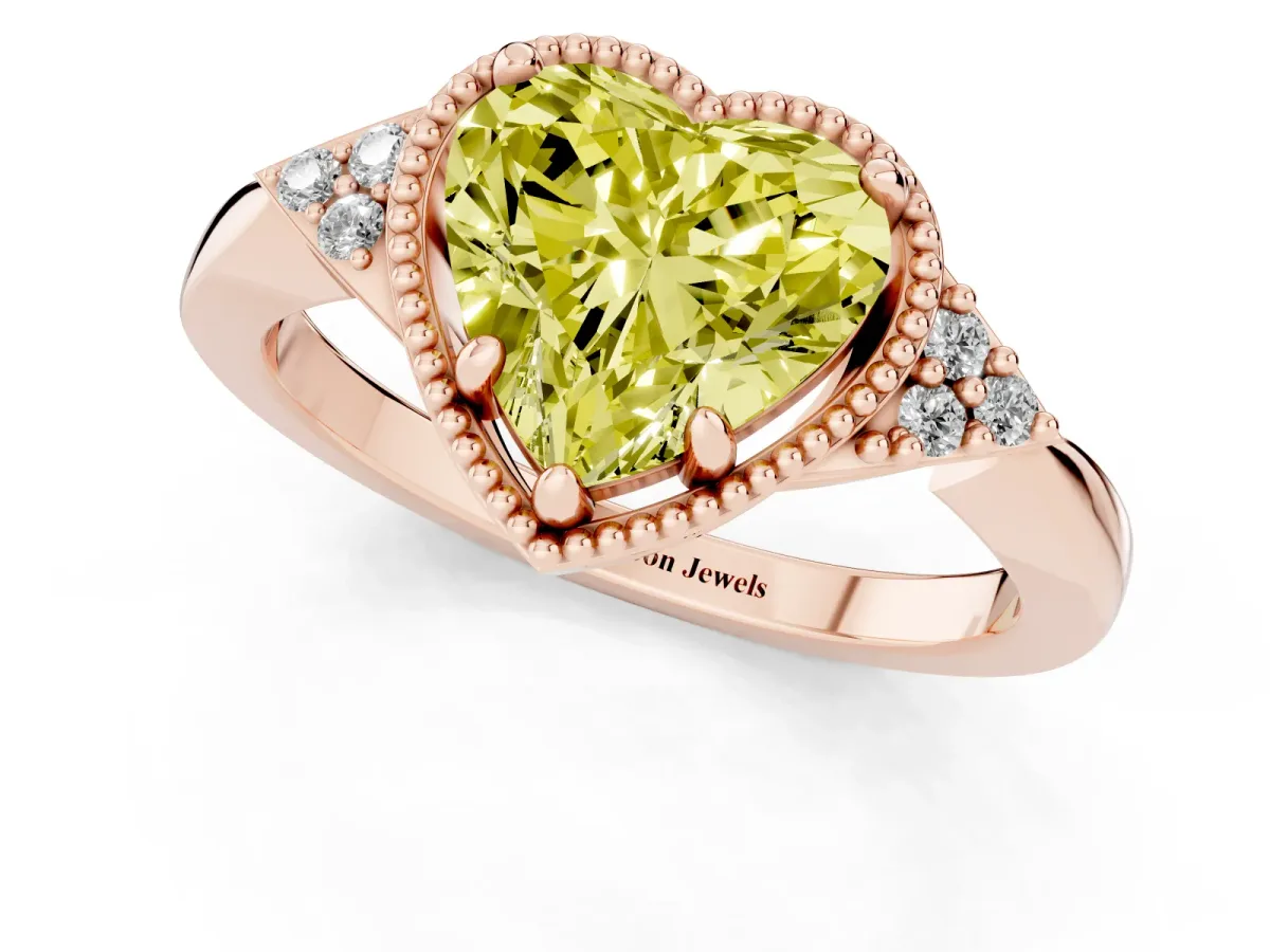Fancy Yellow Milgrain Heart Cut Cut Diamond Ring with Tapered Pave Band and Four Prong Setting Rose gold
