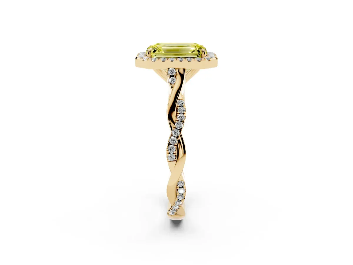 Fancy Yellow Emerald Cut Halo Twist Band Solitaire Ring Yellow gold